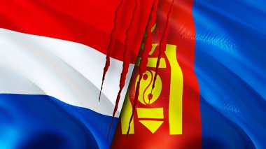 Hollanda ve Moğolistan bayrakları ve yara izi konsepti. Dalgalanan bayrak, 3 boyutlu görüntüleme. Hollanda ve Moğolistan çatışma konsepti. Hollanda Moğolistan ilişkileri kavramı. Hollanda ve Moğolistan bayrağı