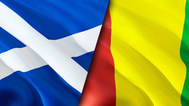 İskoçya ve Gine bayrakları. 3 boyutlu dalgalanan bayrak tasarımı. İskoçya Gine bayrağı, resim, duvar kağıdı. İskoçya vs Gine imajı, 3D görüntüleme. İskoçya Gine ilişkileri ittifak ve ticaret, seyahat, turizm konsepti