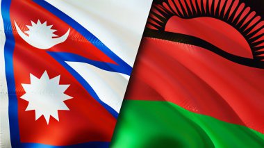 Nepal ve Malawi bayrakları. 3 boyutlu dalgalanan bayrak tasarımı. Nepal Malavi bayrağı, resim, duvar kağıdı. Nepal, Malawi 'ye karşı, görüntü 3 boyutlu. Nepal Malavi ilişkileri ittifak ve ticaret, seyahat, turizm konsepti