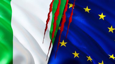Nijerya ve Avrupa Birliği bayraklarında yara izi var. Dalgalanan bayrak, 3 boyutlu görüntüleme. Nijerya ve Avrupa Birliği çatışma konsepti. Nijerya Avrupa Birliği ilişkileri kavramı. Nijerya ve Avrupa bayrağı