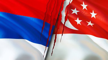Sırbistan ve Singapur yara izi kavramına sahip bayraklar. Dalgalanan bayrak, 3 boyutlu görüntüleme. Sırbistan ve Singapur ihtilafı kavramı. Sırbistan Singapur ilişkileri kavramı. Sırbistan bayrağı ve Singapur krizi, savaş, attac
