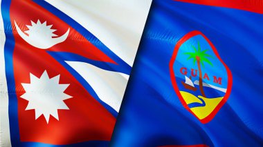 Nepal ve Guam bayrakları. 3 boyutlu dalgalanan bayrak tasarımı. Nepal Guam bayrağı, resim, duvar kağıdı. Nepal, Guam 'a karşı, görüntü 3 boyutlu. Nepal Guam ilişkileri ittifak ve ticaret, seyahat, turizm konsepti