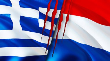 Yunanistan ve Hollanda yara izi kavramına sahip bayraklar. Dalgalanan bayrak, 3 boyutlu görüntüleme. Yunanistan ve Hollanda ihtilaf kavramı. Yunanistan Hollanda ilişkileri kavramı. Yunanistan ve Hollanda 'nın bayrağı kriz ve savaş