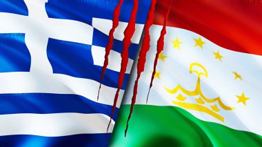 Yunanistan ve Tacikistan yara izi kavramına sahip bayraklar. Dalgalanan bayrak, 3 boyutlu görüntüleme. Yunanistan ve Tacikistan çatışma konsepti. Yunanistan Tacikistan ilişkileri kavramı. Yunanistan bayrağı ve Tacikistan krizi, savaş, attac