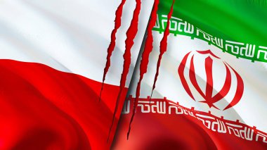 Yara izi olan Polonya ve İran bayrakları. Dalgalanan bayrak, 3 boyutlu görüntüleme. Polonya ve İran çatışma konsepti. Polonya-İran ilişkileri kavramı. Polonya ve İran bayrağı krizi, savaş, saldırı konsepti