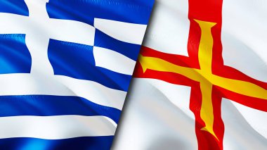 Yunanistan ve Guernsey bayrakları. 3 boyutlu dalgalanan bayrak tasarımı. Yunanistan Guernsey bayrağı, resim, duvar kağıdı. Yunanistan, Guernsey 'e karşı, görüntü 3D. Yunanistan Guernsey ilişkileri ittifak ve ticaret, seyahat, turizm konsepti