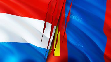 Yara izi olan Lüksemburg ve Moğolistan bayrakları. Dalgalanan bayrak, 3 boyutlu görüntüleme. Lüksemburg ve Moğolistan çatışma konsepti. Lüksemburg Moğolistan ilişkileri kavramı. Lüksemburg ve Moğol bayrağı