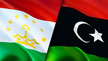 Tacikistan ve Libya bayrakları. 3 boyutlu dalgalanan bayrak tasarımı. Tacikistan Libya bayrağı, resim, duvar kağıdı. Tacikistan, Libya imajına karşı, 3D görüntüleme. Tacikistan Libya ilişkileri ittifak ve ticaret, seyahat, turnuva