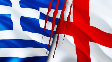 Yunanistan ve İngiltere yara izi kavramına sahip bayraklar. Dalgalanan bayrak, 3 boyutlu görüntüleme. Yunanistan ve İngiltere çatışma konsepti. Yunanistan İngiltere ilişkileri kavramı. Yunanistan bayrağı ve İngiltere krizi, savaş, saldırı konsepti