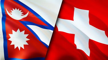 Nepal ve İsviçre bayrakları. 3 boyutlu dalgalanan bayrak tasarımı. Nepal İsviçre bayrağı, resim, duvar kağıdı. Nepal, İsviçre 'ye karşı, görüntü 3 boyutlu. Nepal İsviçre ilişkileri ittifak ve ticaret, seyahat, turnuva