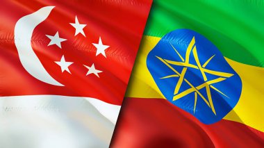 Singapur ve Etiyopya bayrakları. 3 boyutlu dalgalanan bayrak tasarımı. Singapur Etiyopya bayrağı, resim, duvar kağıdı. Singapur Etiyopya 'ya karşı, görüntü 3 boyutlu. Singapur Etiyopya ilişkileri