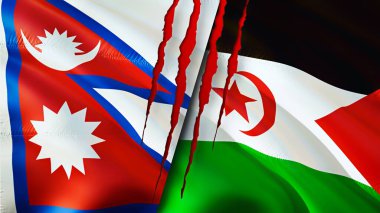 Nepal ve Batı Sahra bayraklarında yara izi var. Dalgalanan bayrak, 3 boyutlu görüntüleme. Nepal ve Batı Sahra çatışma konsepti. Nepal Batı Sahra ilişkileri kavramı. Nepal ve Batı Sahar bayrağı