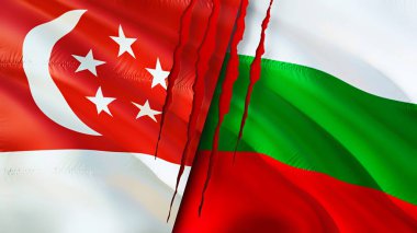 Singapur ve Bulgaristan yara izi kavramına sahip bayraklar. Dalgalanan bayrak, 3 boyutlu görüntüleme. Singapur ve Bulgaristan ihtilaf kavramı. Singapur Bulgaristan ilişkileri kavramı. Singapur bayrağı ve Bulgaristan krizi, savaş