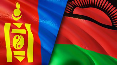 Moğolistan ve Malavi bayrakları. 3 boyutlu dalgalanan bayrak tasarımı. Moğolistan bayrağı, resim, duvar kağıdı. Moğolistan, Malawi 'ye karşı, görüntü 3 boyutlu. Moğolistan Malavi ilişkileri ittifak ve ticaret, seyahat, turizm konsepti