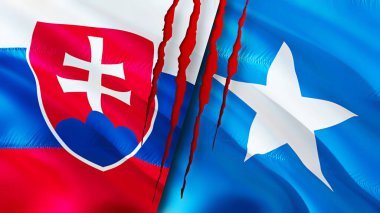 Yara izi olan Slovakya ve Somali bayrakları. Dalgalanan bayrak, 3 boyutlu görüntüleme. Slovakya ve Somali çatışma konsepti. Slovakya Somali ilişkileri kavramı. Slovakya bayrağı ve Somali krizi, savaş, attac
