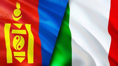 Moğolistan ve İtalya bayrakları. 3 boyutlu dalgalanan bayrak tasarımı. Moğolistan İtalya bayrağı, resim, duvar kağıdı. Moğolistan İtalya 'ya karşı, görüntü 3 boyutlu. Moğolistan İtalya ilişkileri ittifak ve ticaret, seyahat, turizm konsepti