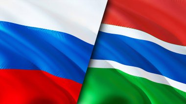 Rusya ve Gambiya bayrakları. 3 boyutlu dalgalanan bayrak tasarımı. Rusya Gambiya bayrağı, resim, duvar kağıdı. Rusya Gambiya 'ya karşı, görüntü 3 boyutlu. Rusya Gambiya ilişkileri ittifak ve ticaret, seyahat, turizm konsepti