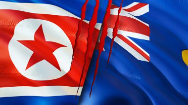 Kuzey Kore ve Saint Helena bayrakları yara izi konseptiyle. Dalgalanan bayrak, 3 boyutlu görüntüleme. Kuzey Kore ve Saint Helena çatışma konsepti. Kuzey Kore Saint Helena ilişkileri kavramı. Kuzey Kore bayrağı