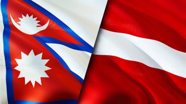 Nepal ve Letonya bayrakları. 3 boyutlu dalgalanan bayrak tasarımı. Nepal Letonya bayrağı, resim, duvar kağıdı. Nepal, Letonya 'ya karşı, görüntü 3 boyutlu. Nepal Letonya ilişkileri ittifak ve ticaret, seyahat, turizm konsepti