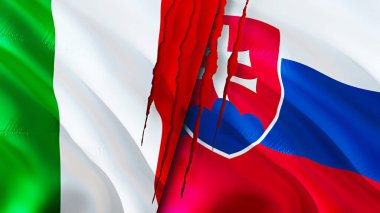 İtalya ve Slovakya yara izi kavramına sahip bayraklar. Dalgalanan bayrak, 3 boyutlu görüntüleme. İtalya ve Slovakya çatışma konsepti. İtalya Slovakya ilişkileri kavramı. İtalya ve Slovakya bayrağı krizi, savaş, saldırı konsepti