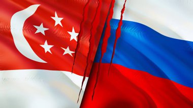Singapur ve Rusya yara izi olan bayraklar. Dalgalanan bayrak, 3 boyutlu görüntüleme. Singapur ve Rusya çatışma konsepti. Singapur Rusya ilişkileri kavramı. Singapur bayrağı ve Rusya krizi, savaş, attac