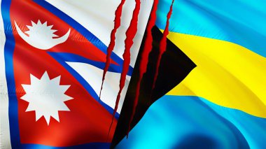 Yara izi olan Nepal ve Bahamalar bayrakları. Dalgalanan bayrak, 3 boyutlu görüntüleme. Nepal ve Bahamalar çatışma konsepti. Nepal Bahamalar ilişkileri kavramı. Nepal ve Bahamalar bayrağı kriz, savaş, saldırı konsepti