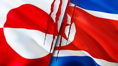 Grönland ve Kuzey Kore bayraklarında yara izi var. Dalgalanan bayrak, 3 boyutlu görüntüleme. Grönland ve Kuzey Kore çatışma konsepti. Grönland Kuzey Kore ilişkileri kavramı. Grönland ve Kuzey Kore bayrağı