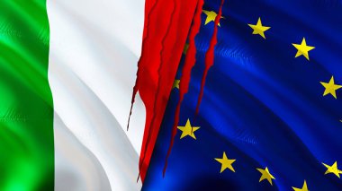 Yara izi olan İtalya ve Avrupa Birliği bayrakları. Dalgalanan bayrak, 3 boyutlu görüntüleme. İtalya ve Avrupa Birliği çatışma konsepti. İtalya Avrupa Birliği ilişkileri kavramı. İtalya ve Avrupa Unio bayrağı