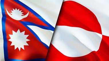 Nepal ve Grönland bayrakları. 3 boyutlu dalgalanan bayrak tasarımı. Nepal Grönland bayrağı, resim, duvar kağıdı. Nepal Grönland 'a karşı, görüntü 3 boyutlu. Nepal Grönland ilişkileri ittifak ve ticaret, seyahat, turizm konsepti