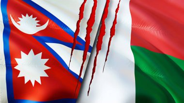 Yara izi olan Nepal ve Madagaskar bayrakları. Dalgalanan bayrak, 3 boyutlu görüntüleme. Nepal ve Madagaskar çatışma konsepti. Nepal Madagaskar ilişkileri kavramı. Nepal ve Madagaskar krizi bayrağı, savaş, attac