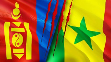 Yara izi olan Moğolistan ve Senegal bayrakları. Dalgalanan bayrak, 3 boyutlu görüntüleme. Moğolistan ve Senegal çatışma konsepti. Moğolistan Senegal ilişkileri kavramı. Moğolistan bayrağı ve Senegal krizi, savaş, attac