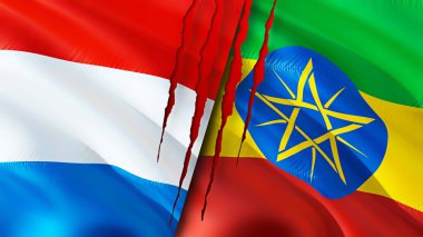 Yara izi olan Lüksemburg ve Etiyopya bayrakları. Dalgalanan bayrak, 3 boyutlu görüntüleme. Lüksemburg ve Etiyopya çatışma konsepti. Lüksemburg Etiyopya ilişkileri kavramı. Lüksemburg ve Etiyopya bayrağı