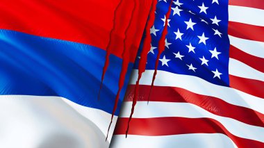 Sırbistan ve ABD yara izi kavramına sahip bayraklar taşıyor. Dalgalanan bayrak, 3 boyutlu görüntüleme. Sırbistan ve ABD ihtilaf kavramı. Sırbistan ABD ilişkileri kavramı. Sırbistan ve ABD bayrağı