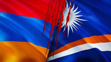 Yara izi olan Ermenistan ve Marshall Adaları bayrakları. Dalgalanan bayrak, 3 boyutlu görüntüleme. Ermenistan ve Marshall Adaları çatışma konsepti. Ermenistan Marshall Adaları ilişkileri kavramı. Ermenistan bayrağı