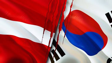 Letonya ve Güney Kore bayraklarında yara izi var. Dalgalanan bayrak, 3 boyutlu görüntüleme. Letonya ve Güney Kore çatışma konsepti. Letonya Güney Kore ilişkileri kavramı. Letonya bayrağı ve Güney Kore krizi, savaş