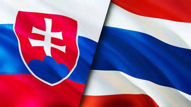 Slovakya ve Tayland bayrakları. 3 boyutlu dalgalanan bayrak tasarımı. Slovakya Tayland bayrağı, resim, duvar kağıdı. Slovakya, Tayland 'a karşı, görüntü 3 boyutlu. Slovakya Tayland ilişkileri ittifak ve ticaret, seyahat, turnuva