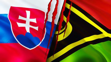 Slovakya ve Vanuatu yara izi olan bayraklar. Dalgalanan bayrak, 3 boyutlu görüntüleme. Slovakya ve Vanuatu çatışma konsepti. Slovakya Vanuatu ilişkileri kavramı. Slovakya bayrağı ve Vanuatu krizi, savaş, attac