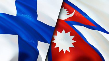 Finlandiya ve Nepal bayrakları. 3 boyutlu dalgalanan bayrak tasarımı. Finlandiya Nepal bayrağı, resim, duvar kağıdı. Finlandiya, Nepal imajına karşı, 3D görüntüleme. Finlandiya Nepal ilişkileri ittifak ve ticaret, seyahat, turizm danışmanlığı