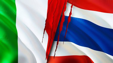 Yara izi olan İtalya ve Tayland bayrakları. Dalgalanan bayrak, 3 boyutlu görüntüleme. İtalya ve Tayland çatışma konsepti. İtalya ve Tayland ilişkileri kavramı. İtalya ve Tayland bayrağı krizi, savaş, saldırı konsepti