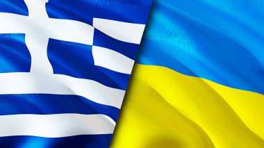 Yunanistan ve Ukrayna bayrakları. 3 boyutlu dalgalanan bayrak tasarımı. Yunanistan Ukrayna bayrağı, resim, duvar kağıdı. Yunanistan, Ukrayna 'ya karşı, görüntü 3D. Yunanistan Ukrayna ilişkileri ittifak ve ticaret, seyahat, turizm consepti