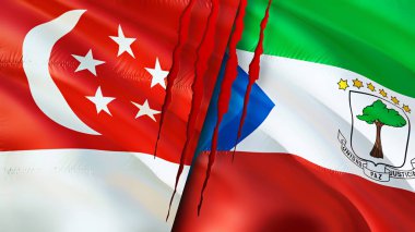 Yara izi olan Singapur ve Ekvator Ginesi bayrakları. Dalgalanan bayrak, 3 boyutlu görüntüleme. Singapur ve Ekvator Ginesi çatışması konsepti. Singapur Ekvator Ginesi ilişkileri konsepti. Singapur bayrağı
