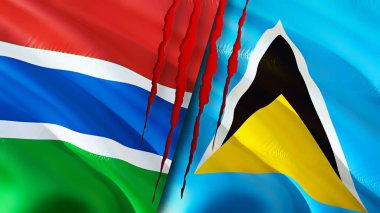 Gambiya ve Saint Lucia bayraklarında yara izi var. Dalgalanan bayrak, 3 boyutlu görüntüleme. Gambiya ve Saint Lucia çatışma konsepti. Gambiya Saint Lucia ilişkileri kavramı. Gambiya bayrağı ve Saint Lucia krizi, savaş