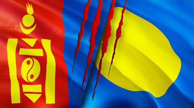 Yara izi olan Moğolistan ve Palau bayrakları. Dalgalanan bayrak, 3 boyutlu görüntüleme. Moğolistan ve Palau çatışma konsepti. Moğolistan Palau ilişkileri kavramı. Moğolistan bayrağı ve Palau krizi, savaş, saldırı konsepti