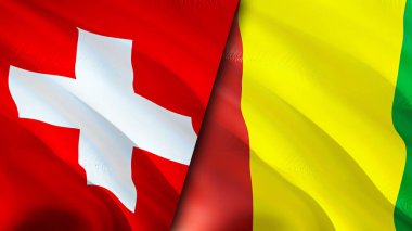 İsviçre ve Gine bayrakları. 3 boyutlu dalgalanan bayrak tasarımı. İsviçre Gine bayrağı, resim, duvar kağıdı. İsviçre, Gine 'ye karşı, görüntü 3 boyutlu. İsviçre Gine ilişkileri ittifakı