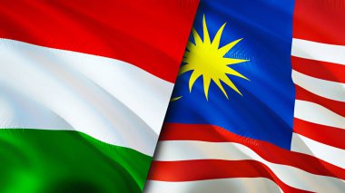 Macaristan ve Malezya bayrakları. 3 boyutlu dalgalanan bayrak tasarımı. Macaristan Malezya bayrağı, resim, duvar kağıdı. Macaristan, Malezya 'ya karşı, görüntü 3D. Macaristan Malezya ilişkileri ittifak ve ticaret, seyahat, turnuva