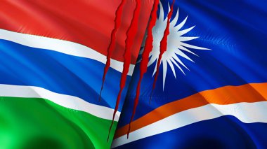 Gambiya ve Marshall Adaları yara izi olan bayraklar. Dalgalanan bayrak, 3 boyutlu görüntüleme. Gambiya ve Marshall Adaları çatışma konsepti. Gambiya Marshall Adaları ilişkileri kavramı. Gambiya bayrağı ve Mareşal