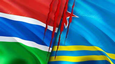 Gambiya ve Aruba bayrakları yara izi konseptiyle. Dalgalanan bayrak, 3 boyutlu görüntüleme. Gambiya ve Aruba çatışma konsepti. Gambiya Aruba ilişkileri kavramı. Gambiya bayrağı ve Aruba krizi, savaş, saldırı konsepti