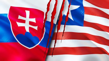 Slovakya ve Liberya yara izi olan bayraklar. Dalgalanan bayrak, 3 boyutlu görüntüleme. Slovakya ve Liberya çatışma konsepti. Slovakya Liberya ilişkileri kavramı. Slovakya ve Liberya bayrağı krizi, savaş, attac