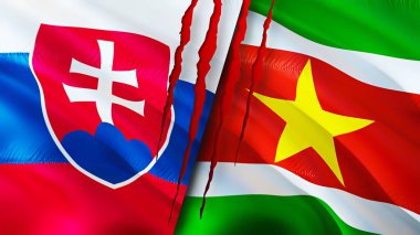 Yara izi olan Slovakya ve Surinam bayrakları. Dalgalanan bayrak, 3 boyutlu görüntüleme. Slovakya ve Surinam çatışma konsepti. Slovakya Surinam ilişkileri kavramı. Slovakya bayrağı ve Surinam krizi, savaş, attac