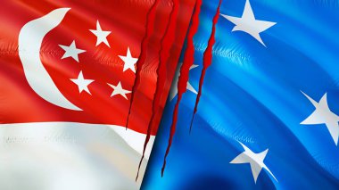 Yara izi olan Singapur ve Mikronezya bayrakları. Dalgalanan bayrak, 3 boyutlu görüntüleme. Singapur ve Mikronezya çatışma konsepti. Singapur Mikronezya ilişkileri kavramı. Singapur ve Micronesi bayrağı